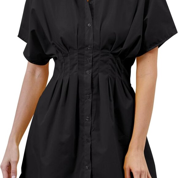 Dresses & Skirts - Women’s Cotton Pleated Button-Front Shirt Dress Mini Casual Summer